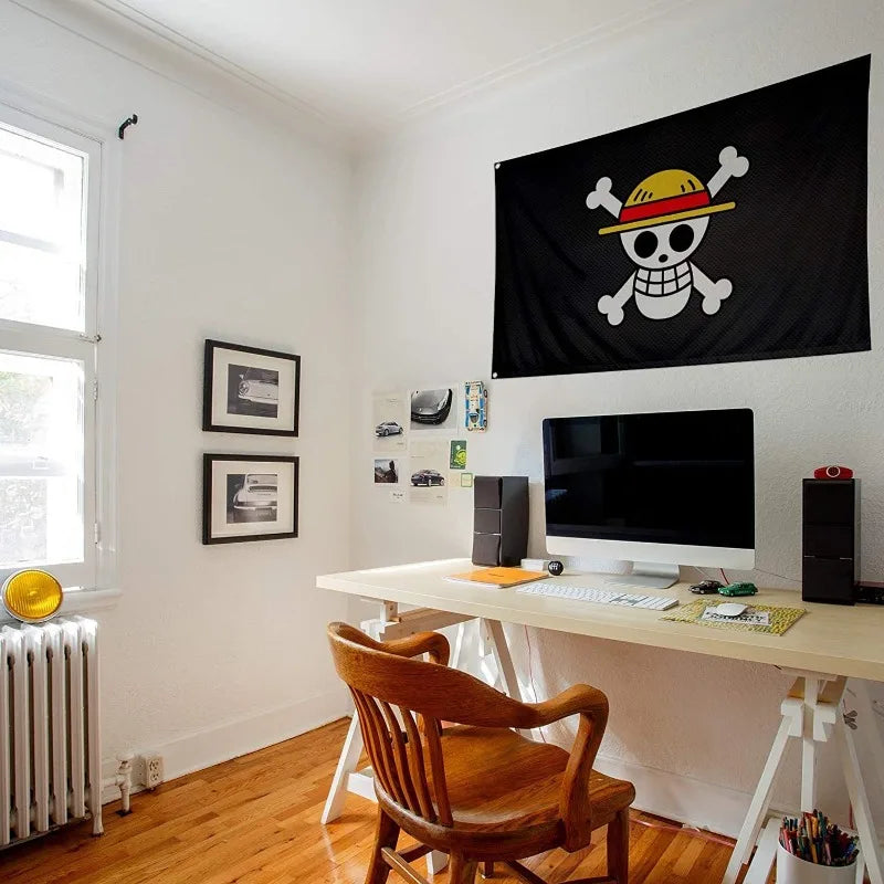 Elevate Your Space with the One Piece 90x150CM Polyester Pirate Monkey D. Luffy Skull Flag - Perfect for Fans and Decor!